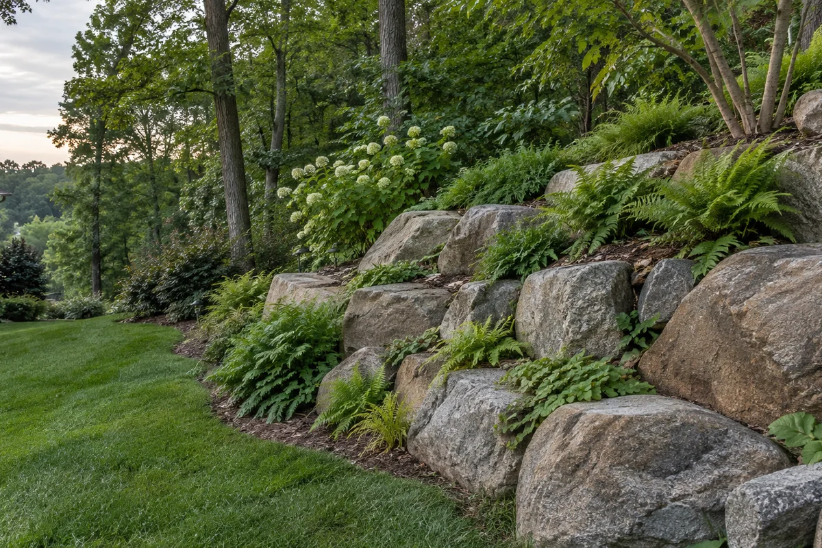 A natural boulder retaining wall of large rounded and angular granite stones stepping back into a wooded slope, ferns and groundcover planted between the stones.