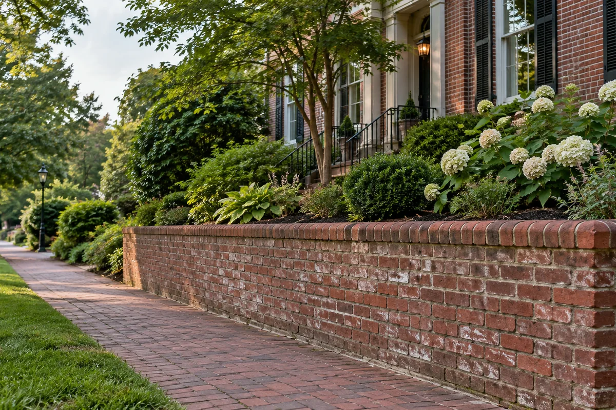A red brick retaining wall with a brick rowlock cap in front of a historic Richmond brick townhouse garden, weathered patina.