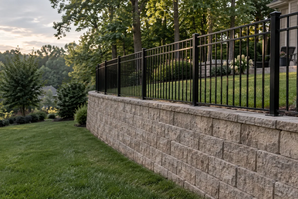 A black aluminum picket fence set on top of a segmental block retaining wall, posts set back neatly from the wall face, backyard lawn above.