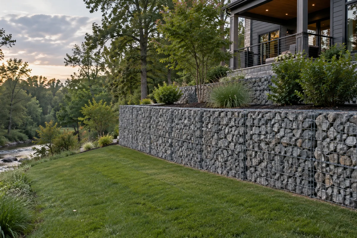 A modern gabion retaining wall of welded wire baskets filled with gray angular stone beside a contemporary house and a creek-side slope.