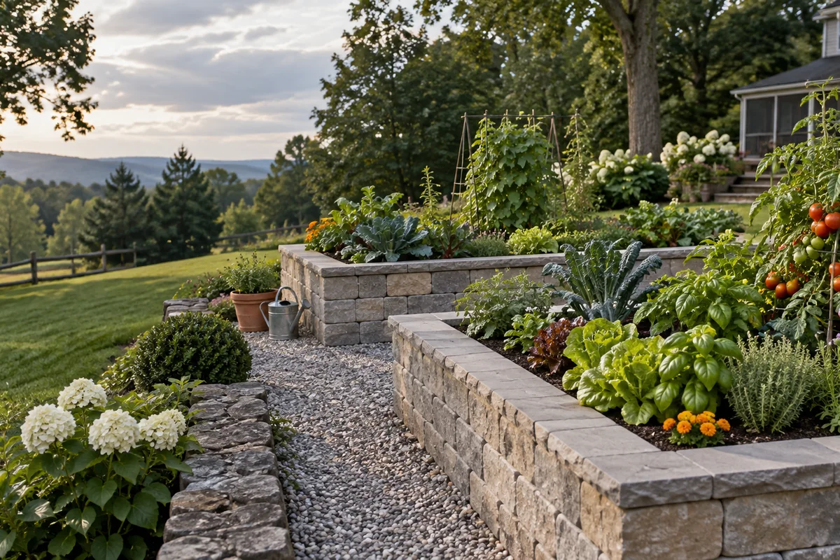 Raised garden beds built from capped segmental block filled with dark soil and thriving vegetables and herbs, gravel paths between them.