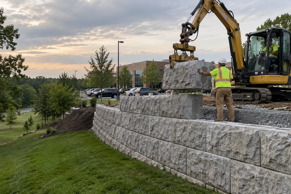A tall retaining wall made of large textured precast concrete blocks beside a commercial parking area, a compact excavator with a lifting clamp setting a block.