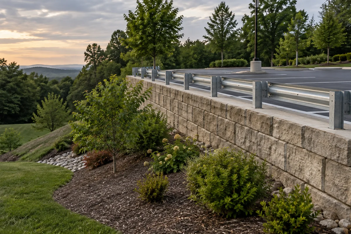 A retaining wall along the edge of an asphalt parking lot with painted stalls, curb and guardrail at the top edge, landscaped embankment below.