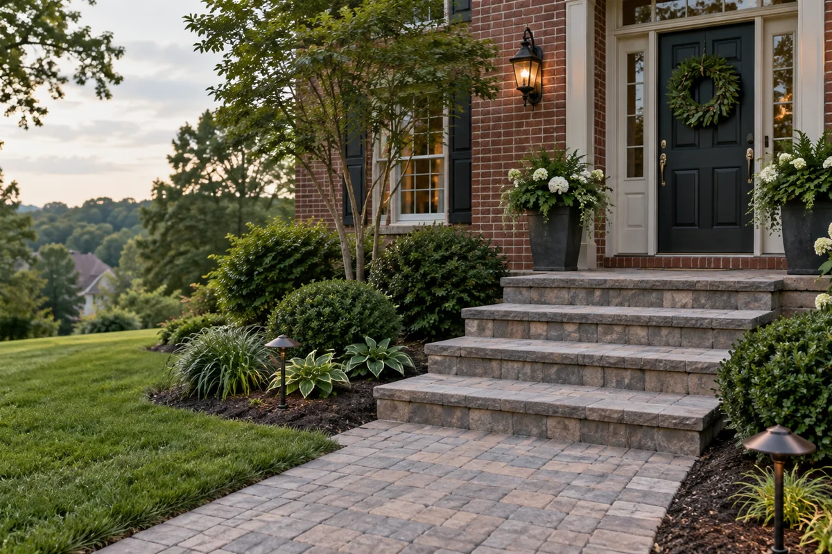 A short flight of paver steps with even risers leading from a front walkway to a brick house entry, landscaping on both sides.