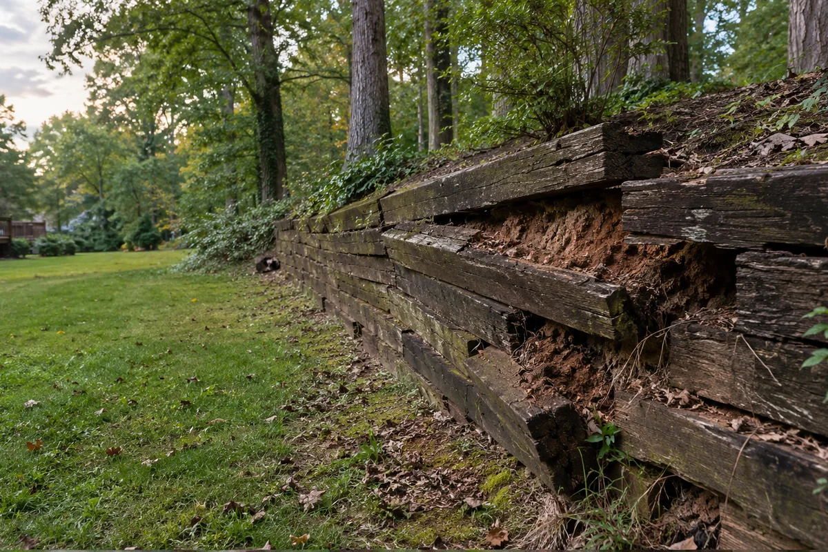 An old rotting railroad tie retaining wall leaning outward with gaps and soil spilling through, in a mature wooded Central Virginia backyard.