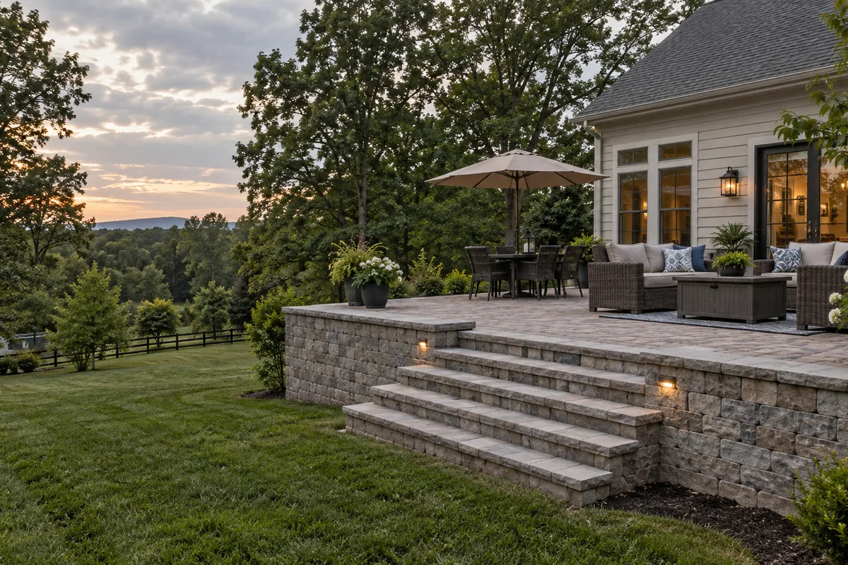 A raised paver patio off the back of a house held up by a capped block retaining wall with wide steps down to the yard, outdoor furniture on the patio.