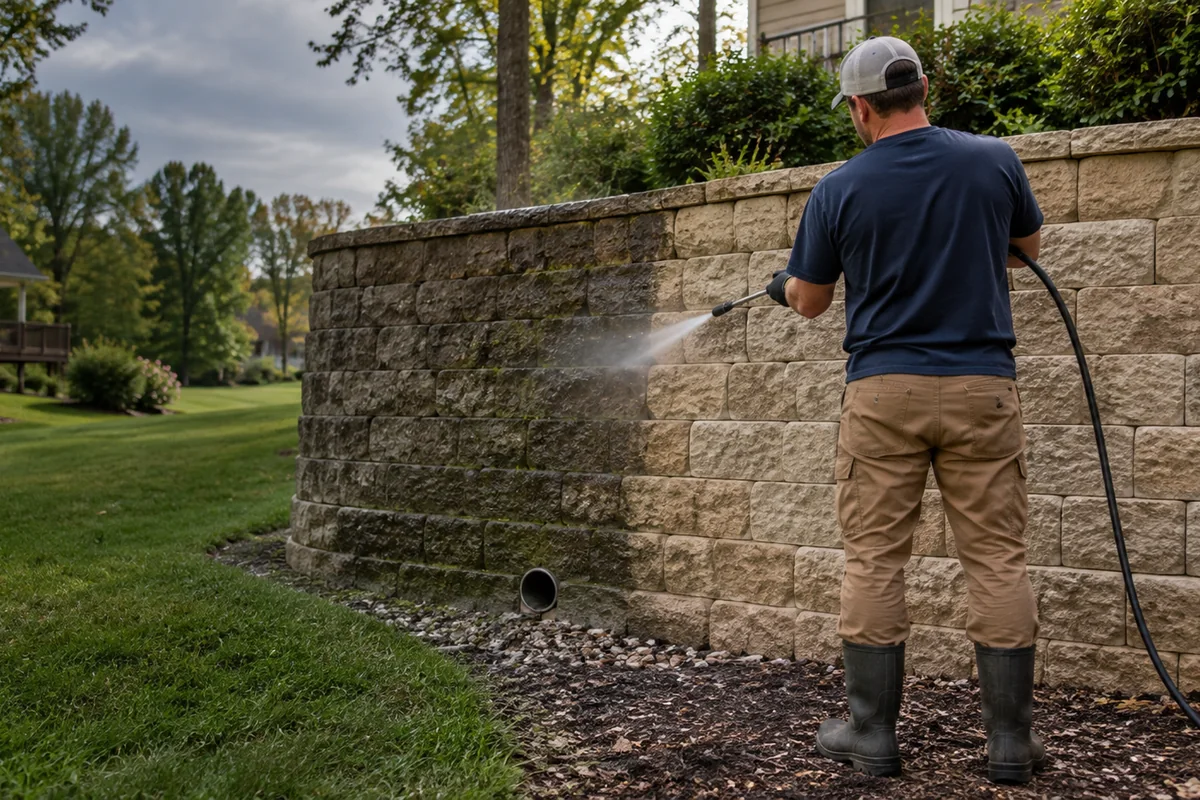 A crew member seen from behind gently cleaning the face of a block retaining wall, half the wall freshly cleaned and half still dull, drain outlet clear at the base.