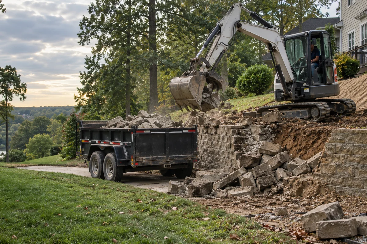 A compact excavator removing an old failing block retaining wall, debris neatly piled into a dump trailer, the slope behind protected with matting.