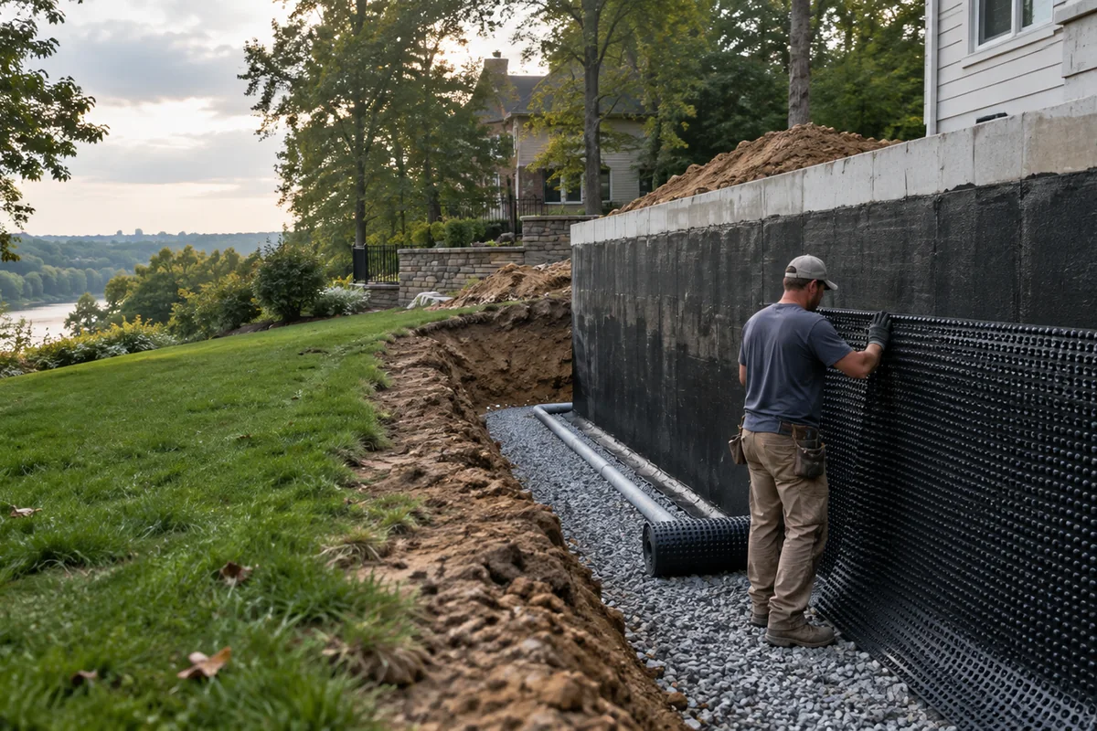 The exposed back face of a poured concrete retaining wall during construction coated in a dark waterproofing membrane with dimpled drainage board being installed over it. The exposed back face of a poured concrete retaining wall during construction coated in a dark waterproofing membrane with dimpled drainage board being installed over it.