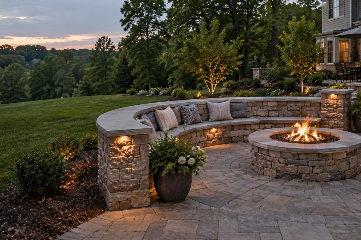 A curved freestanding stone seat wall with a wide smooth cap encircling a stone fire pit on a paver patio, evening glow on the stone.