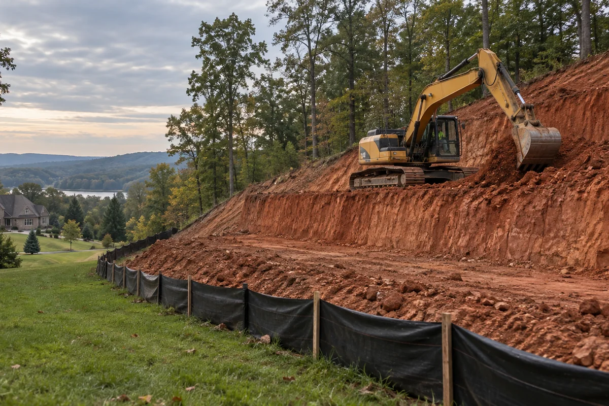 An excavator cutting a level bench into a red clay hillside, stepped cut face, silt fence along the bottom of the slope. An excavator cutting a level bench into a red clay hillside, stepped cut face, silt fence along the bottom of the slope.