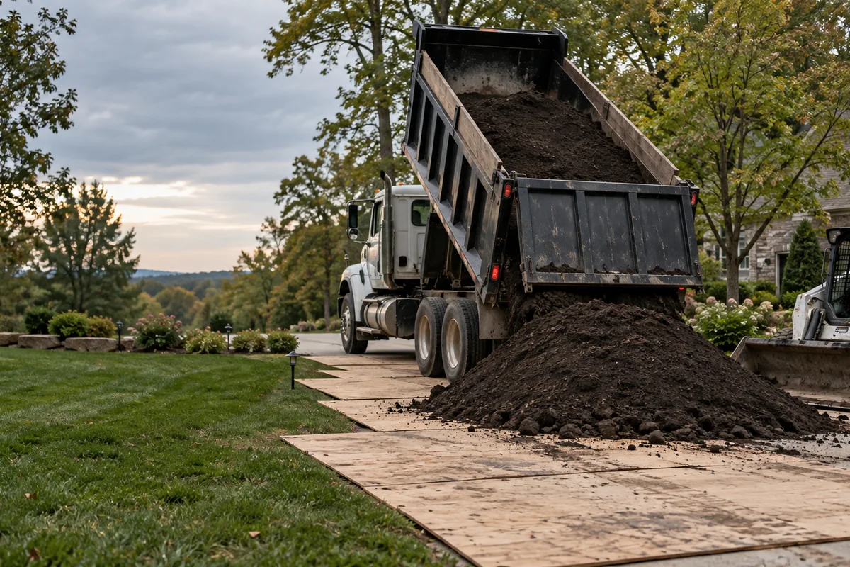 A dump truck unloading a pile of dark screened topsoil onto a plywood-protected driveway, a skid steer waiting beside it. A dump truck unloading a pile of dark screened topsoil onto a plywood-protected driveway, a skid steer waiting beside it.