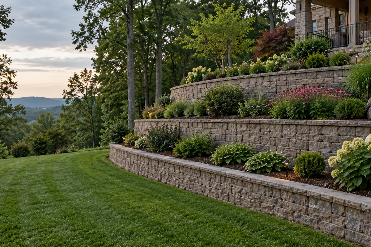 Three tiers of segmental block retaining walls stepping up a steep slope with planted terraces of shrubs and perennials between each tier.