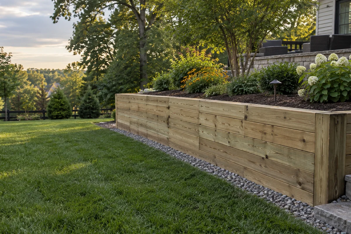 A new pressure-treated timber retaining wall holding a raised garden terrace, clean stacked timbers, gravel base visible at the bottom.