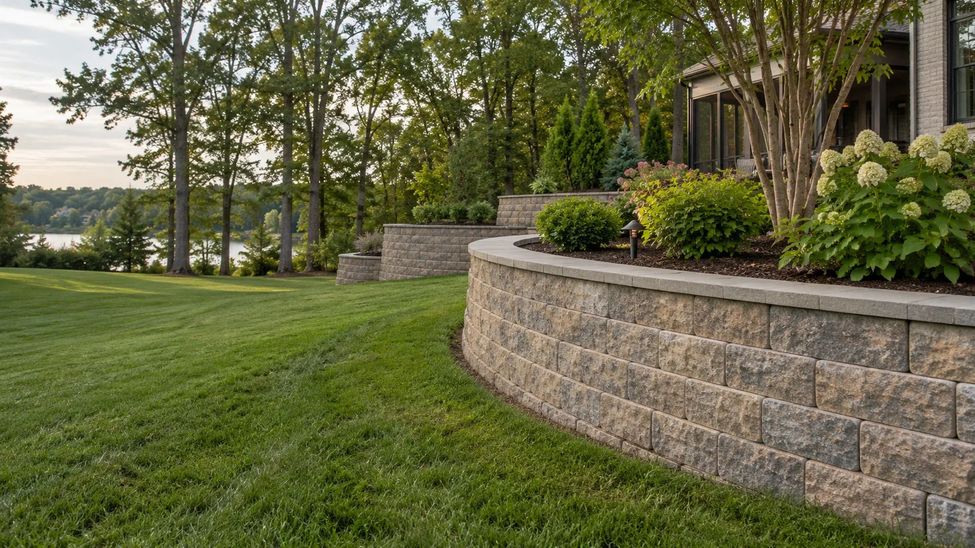 A crisp split-face segmental block retaining wall in blended gray and tan with smooth caps, gently curving along a landscaped yard.