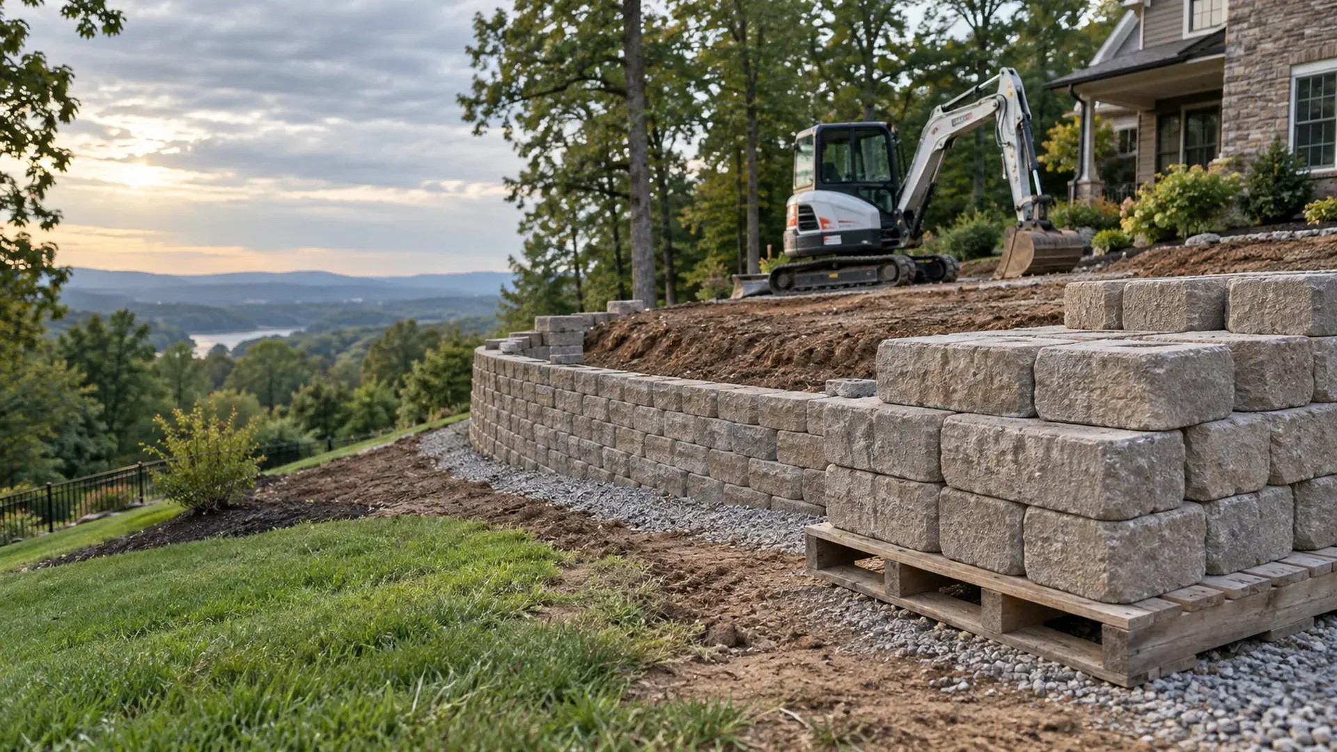 A neat stack of segmental retaining wall blocks on a pallet beside a partially built wall on a sloped residential lot, a compact excavator parked in the background, tidy job site, early morning light. A neat stack of segmental retaining wall blocks on a pallet beside a partially built wall on a sloped residential lot, a compact excavator parked in the background, tidy job site, early morning light.