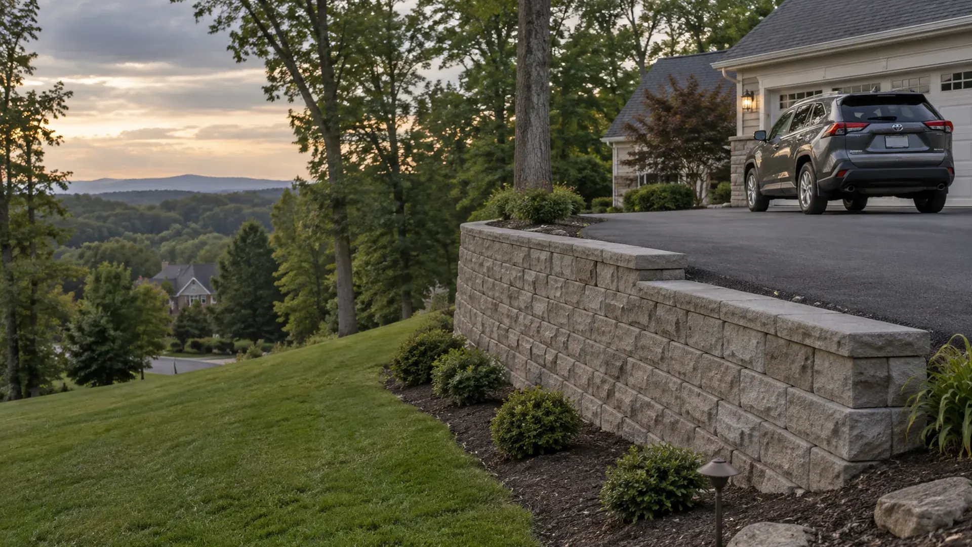A segmental block retaining wall supporting the edge of a sloped asphalt residential driveway with a car parked safely at the top.