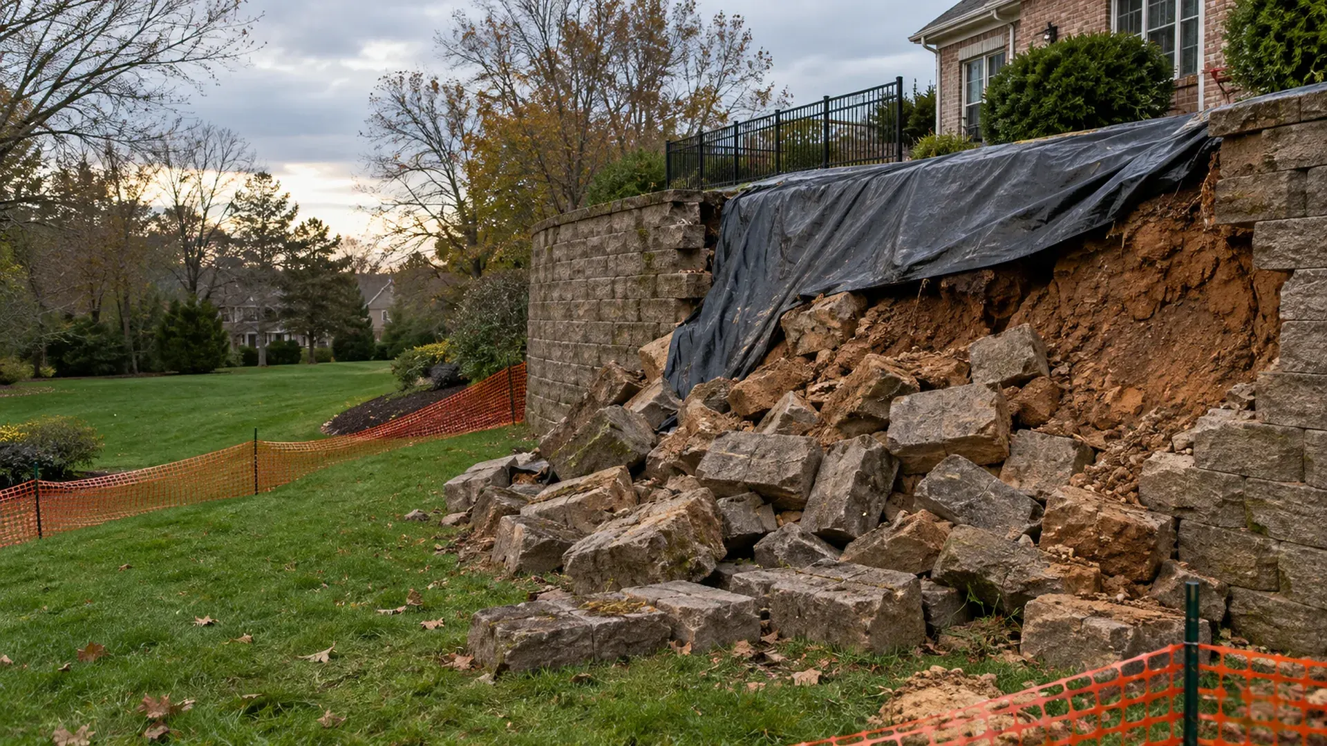 A section of collapsed retaining wall with blocks tumbled onto a lawn, orange safety fencing around the area and a tarp over the exposed soil slope.