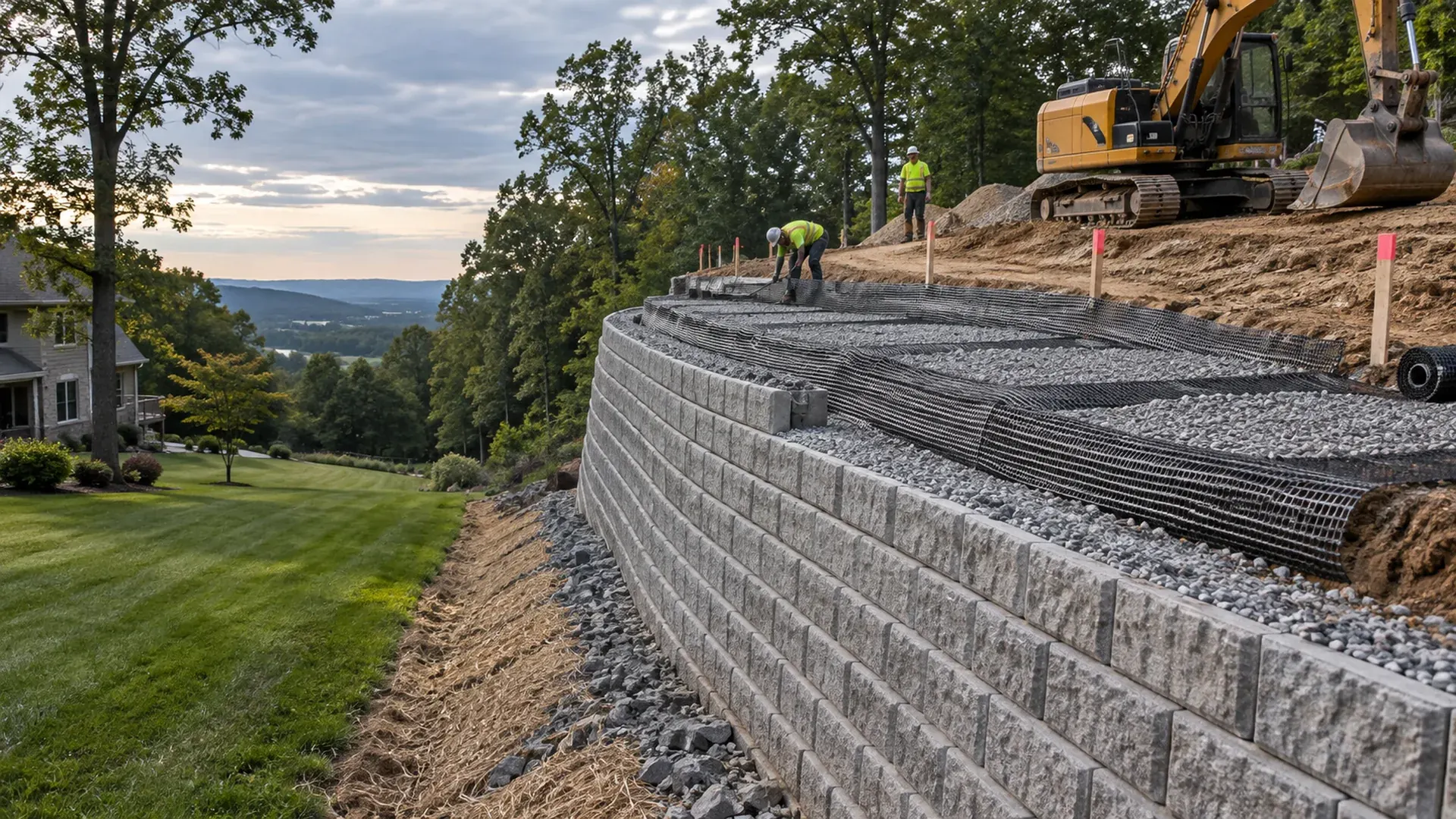 A tall reinforced retaining wall under construction with layers of geogrid reinforcement laid back into compacted fill, survey stakes along the top.