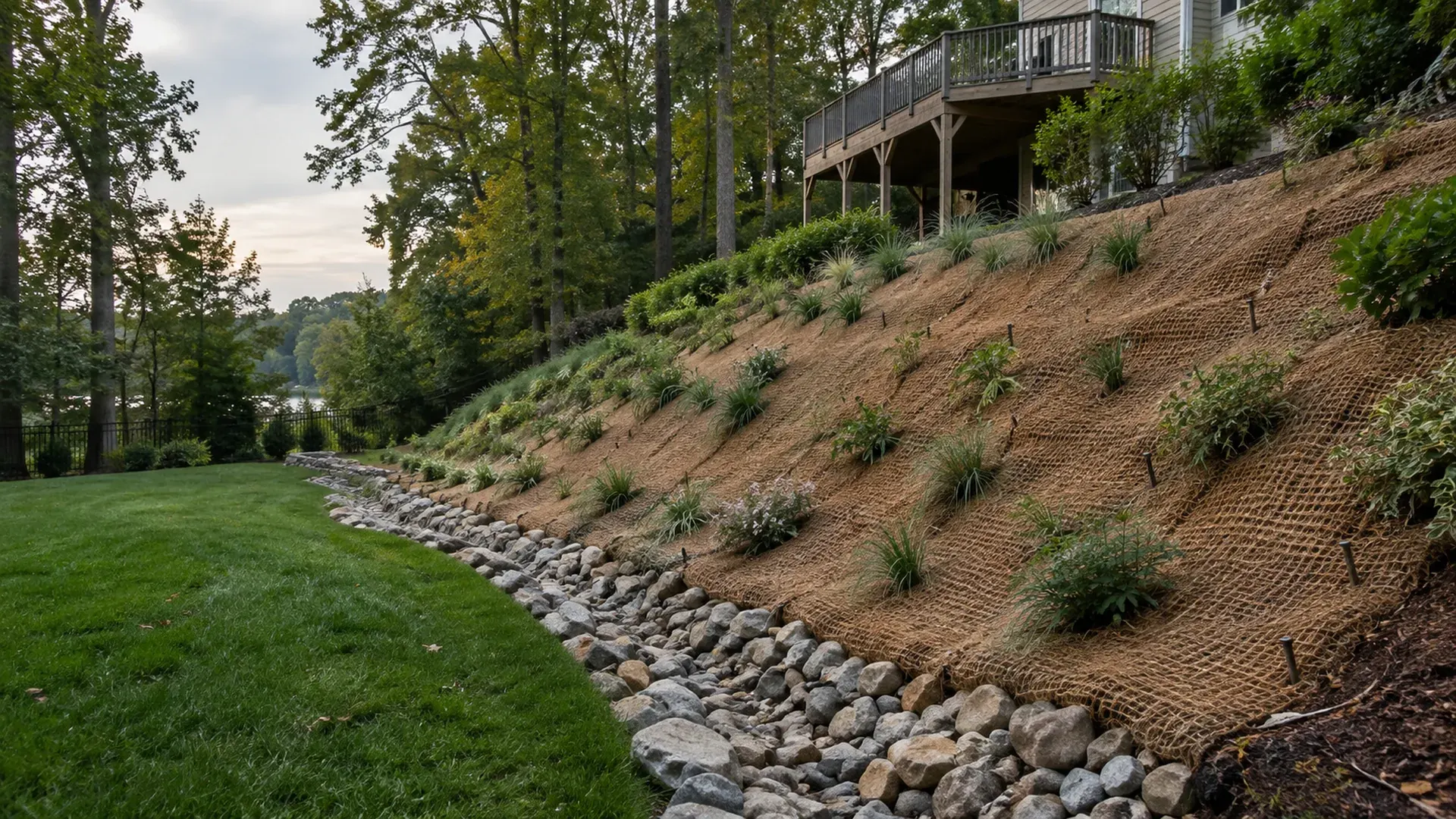 A steep eroding backyard slope being stabilized with brown coir erosion control matting pinned in rows, young plugs of groundcover planted through it, a stone-lined swale at the bottom.