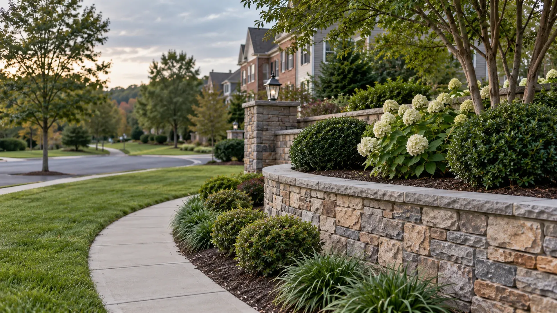 A well-kept retaining wall lining the landscaped entrance of a residential community, neat shrubs, sidewalk and townhomes blurred behind.