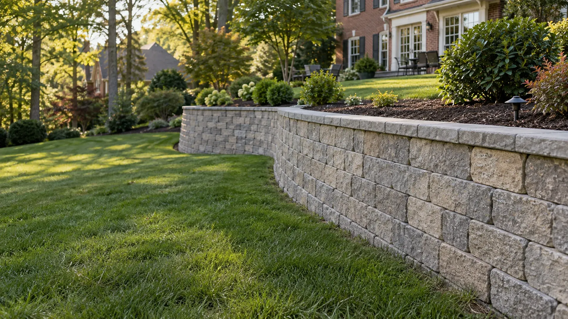 A newly built gray-and-tan segmental block retaining wall with a clean cap course, curving across a sloped backyard in a Richmond, Virginia suburb, holding a level lawn above, fresh mulch beds with shrubs along the top, a brick colonial-style house softly out of focus in the background. A newly built gray-and-tan segmental block retaining wall with a clean cap course, curving across a sloped backyard in a Richmond, Virginia suburb, holding a level lawn above, fresh mulch beds with shrubs along the top, a brick colonial-style house softly out of focus in the background.