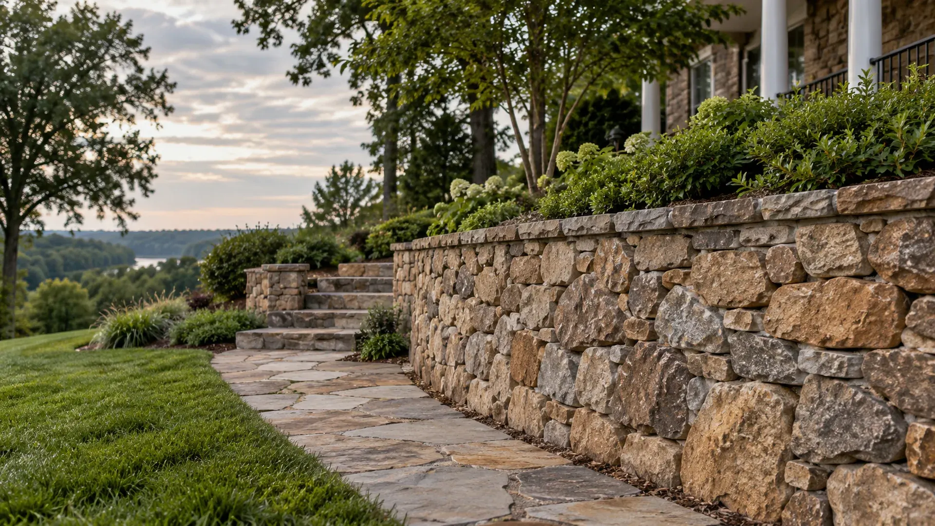 A hand-laid natural fieldstone retaining wall in warm browns and grays with tight joints and a flat stone cap beside a garden path.