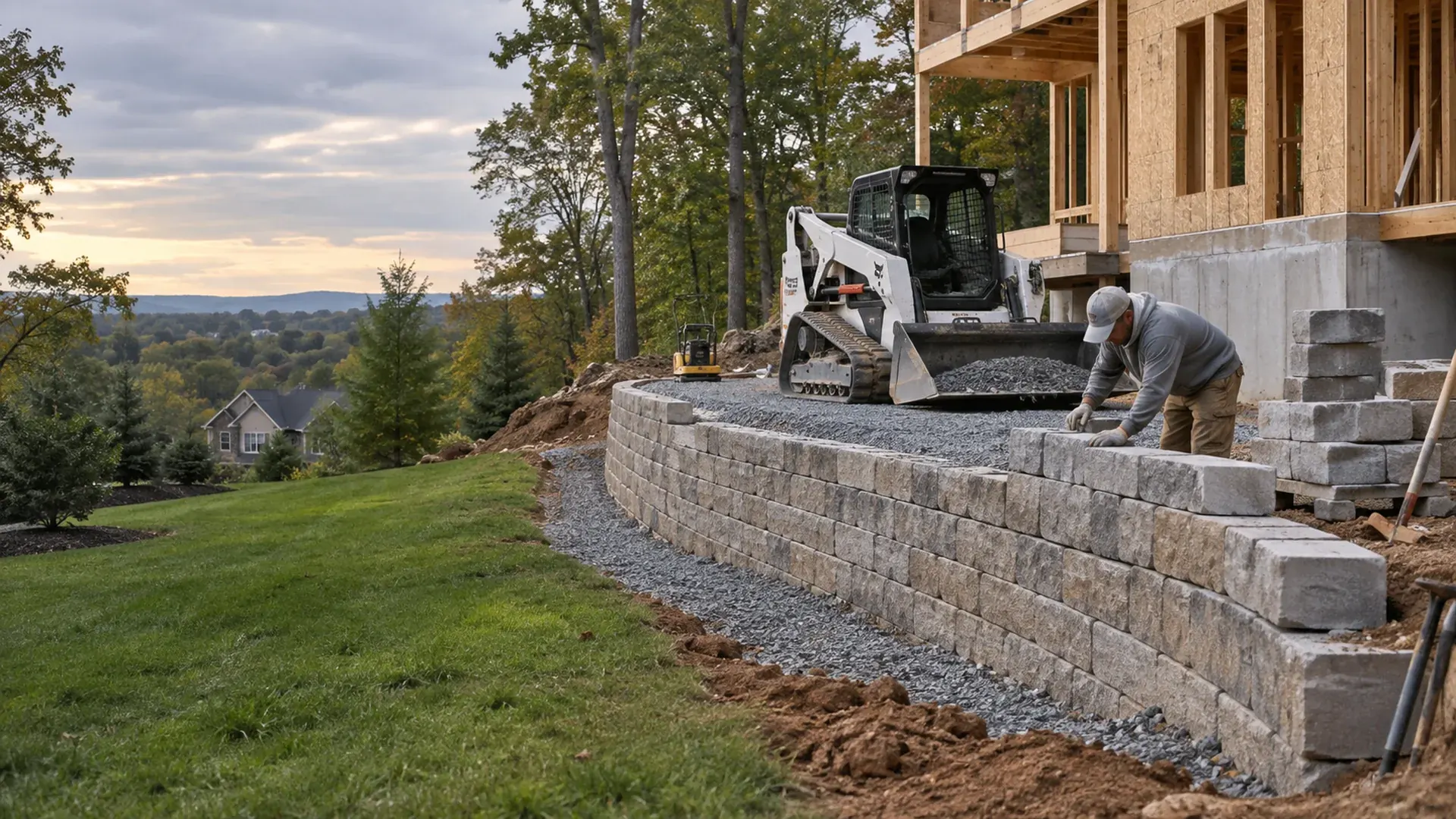 A new retaining wall being built beside a house under construction, framing visible, compacted gravel base, grading equipment nearby.