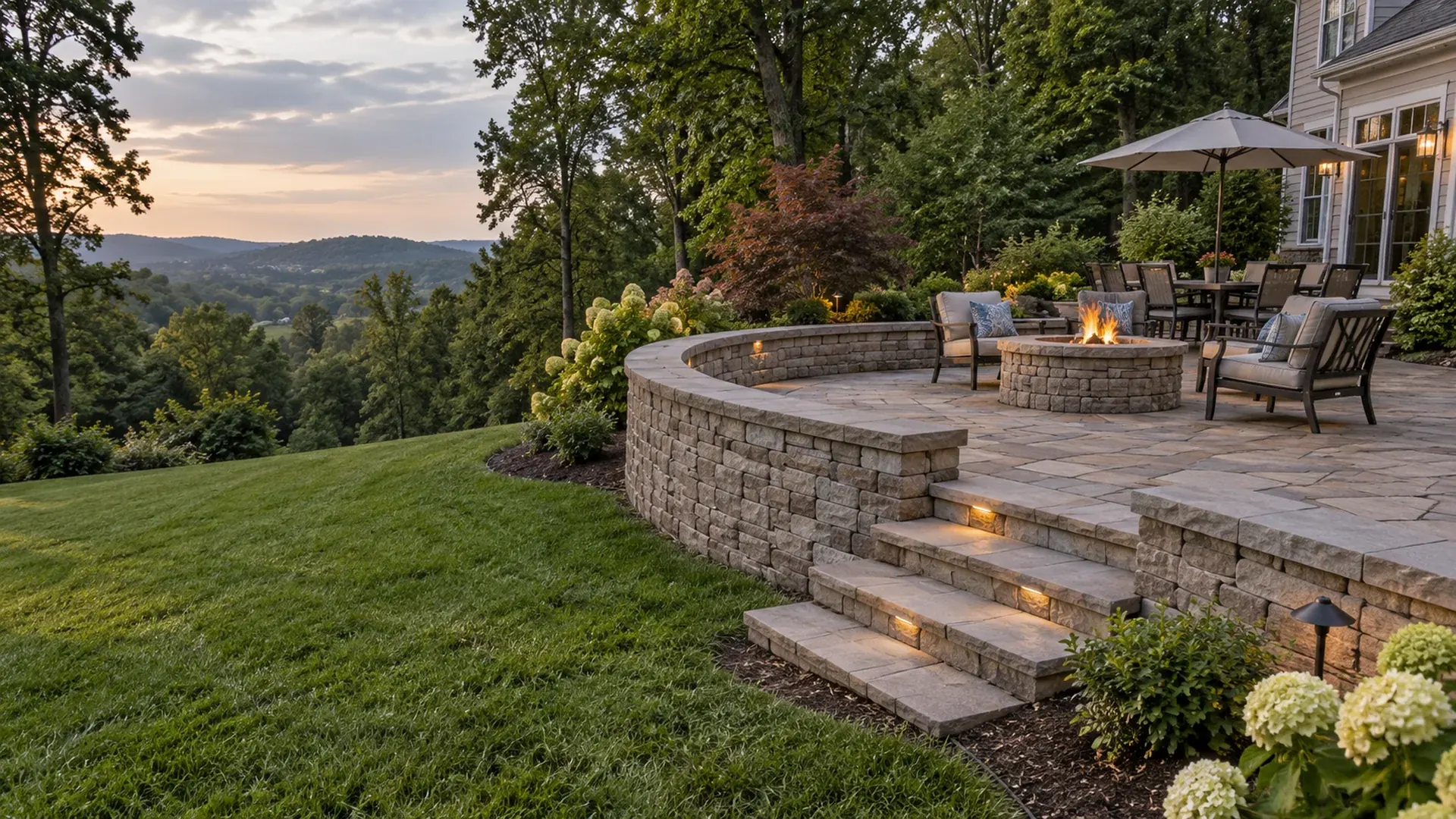 A paver patio on a sloped lot held level by a curved retaining wall with integrated seat wall and steps down to the lawn.