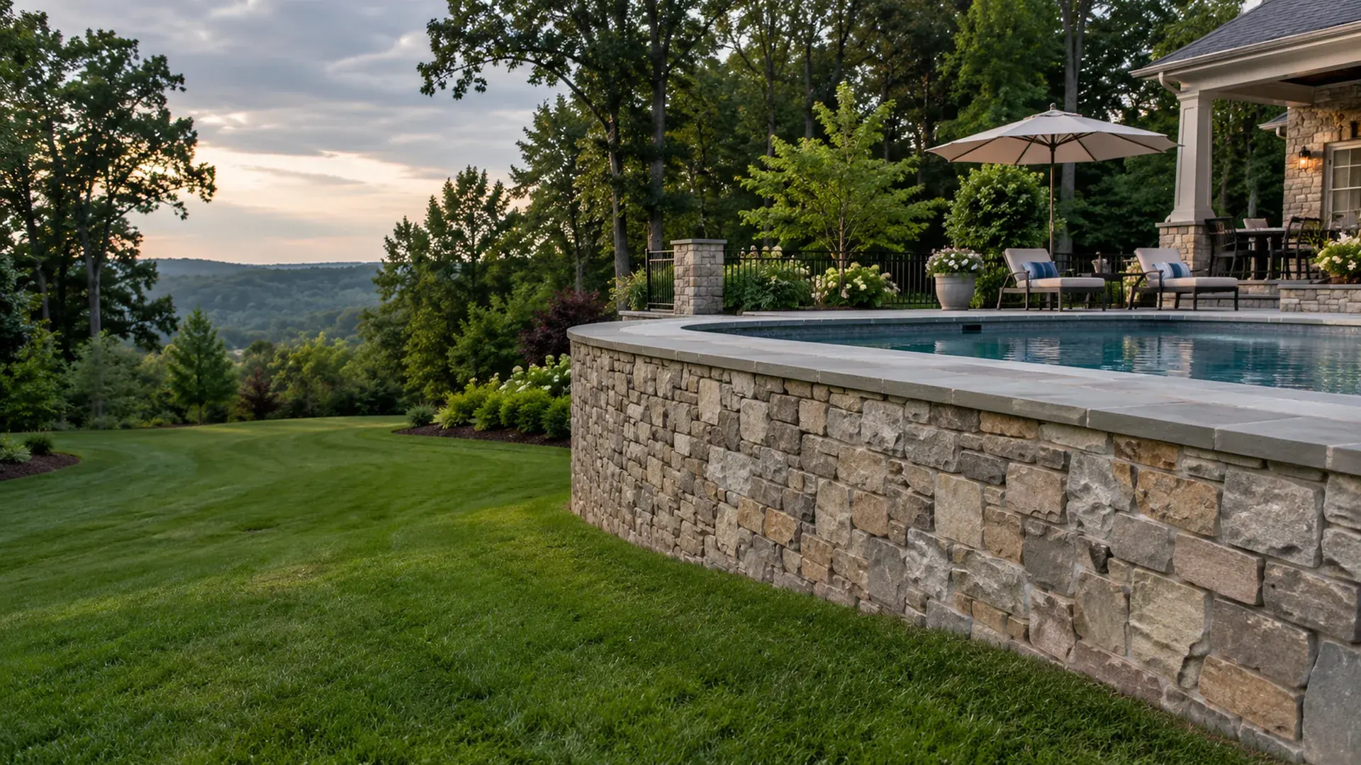 A retaining wall on the downhill side of an in-ground swimming pool supporting the pool deck, stone cap matching the pool coping, lush lawn below.