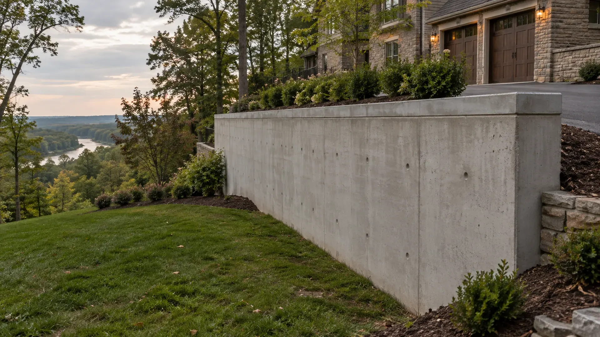 A smooth poured concrete retaining wall with form tie marks and a clean cap edge supporting a driveway above on a sloped residential lot.