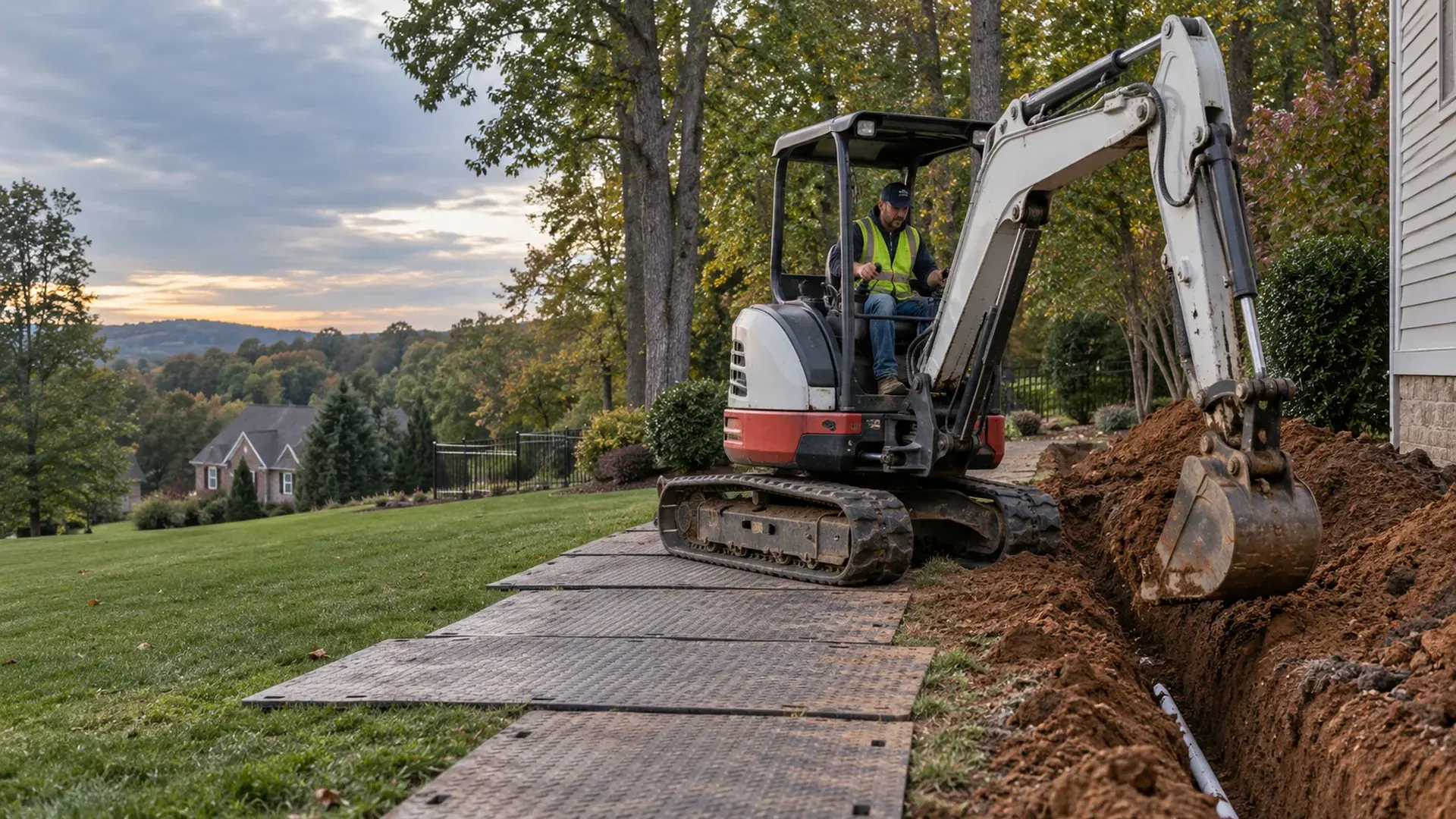 A compact tracked excavator digging a neat trench in a residential side yard, ground protection mats laid across the lawn. A compact tracked excavator digging a neat trench in a residential side yard, ground protection mats laid across the lawn.