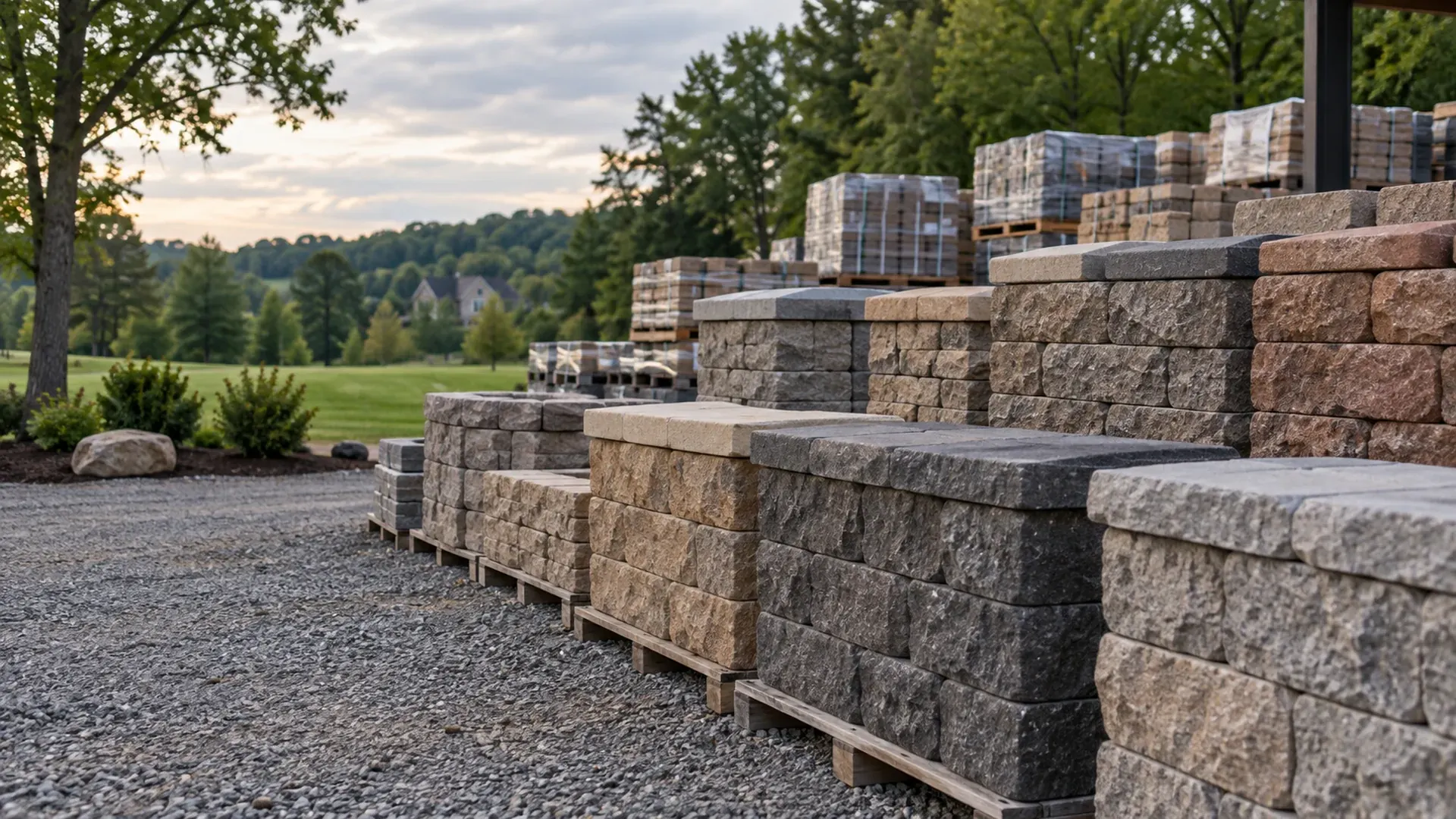 Neatly arranged rows of different retaining wall blocks and caps displayed outdoors at a hardscape supply yard, varied colors and split-face textures, pallets in soft focus behind. Neatly arranged rows of different retaining wall blocks and caps displayed outdoors at a hardscape supply yard, varied colors and split-face textures, pallets in soft focus behind.
