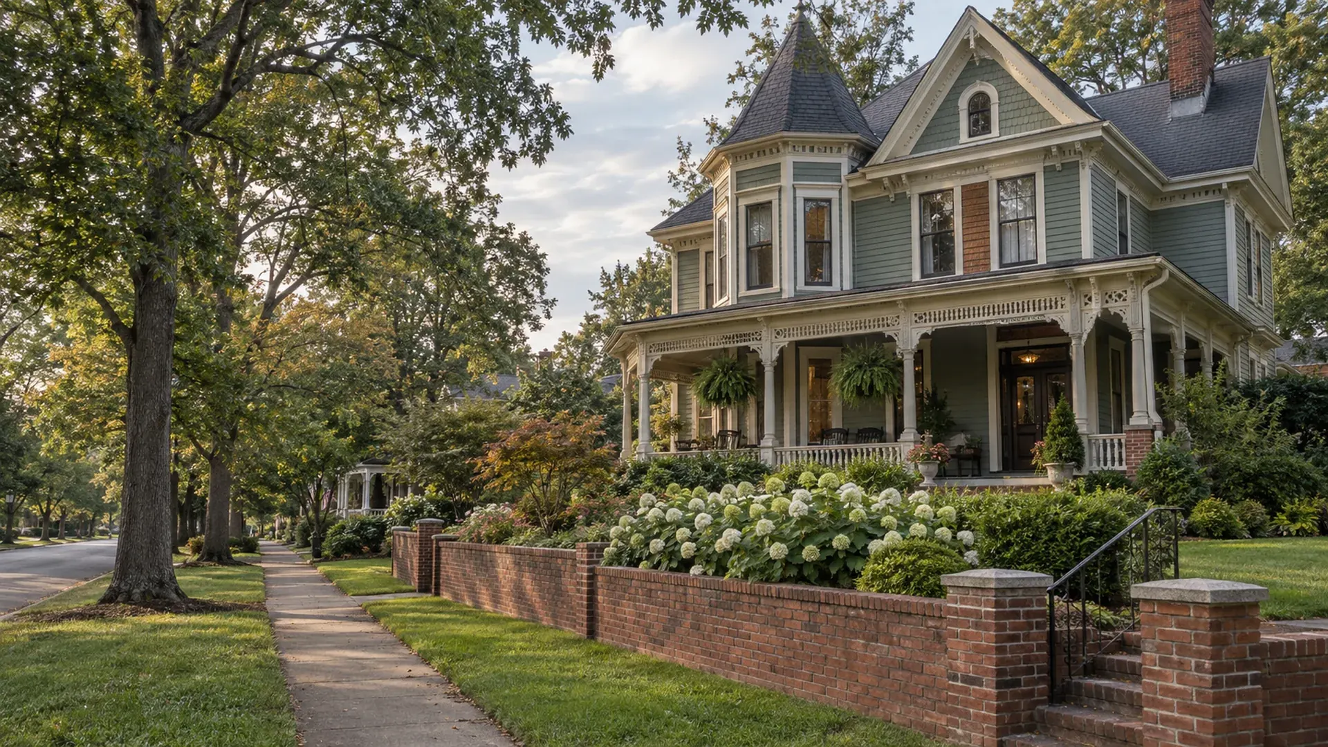 A Victorian-era home in Ashland, Virginia with a brick retaining wall along a front garden beside a tree-lined residential street.