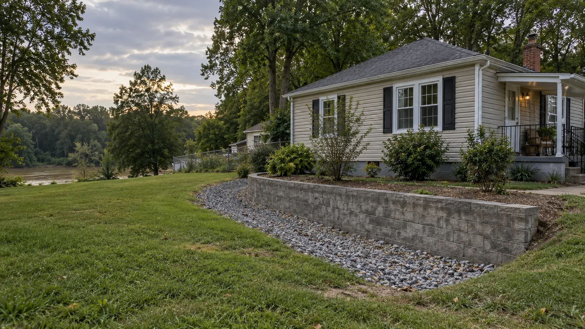 A modest home in Bensley, Virginia on low ground with a repaired block retaining wall and a gravel drainage swale in the yard. A modest home in Bensley, Virginia on low ground with a repaired block retaining wall and a gravel drainage swale in the yard.
