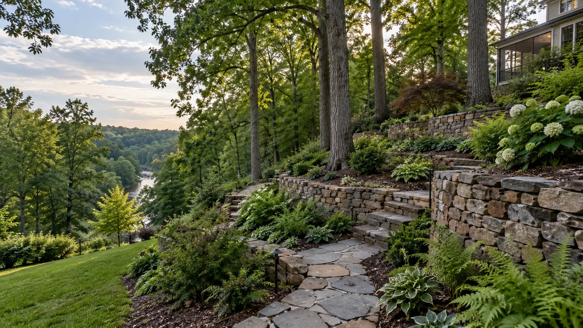 A steep wooded ravine lot in Bon Air, Virginia with tiered natural stone retaining walls under tall oaks, a stone path winding down. A steep wooded ravine lot in Bon Air, Virginia with tiered natural stone retaining walls under tall oaks, a stone path winding down.