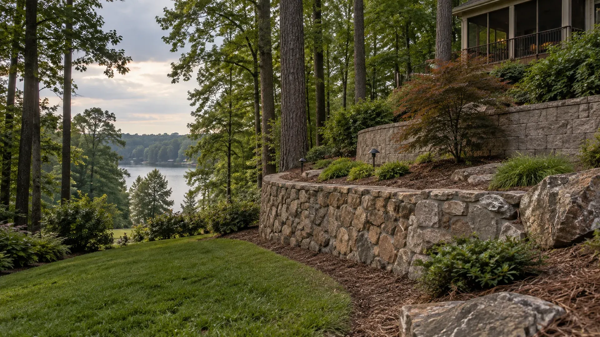 A steep wooded lot in Brandermill, Virginia with a stone and block retaining wall among tall pines and hardwoods, a reservoir glimpsed through the trees. A steep wooded lot in Brandermill, Virginia with a stone and block retaining wall among tall pines and hardwoods, a reservoir glimpsed through the trees.