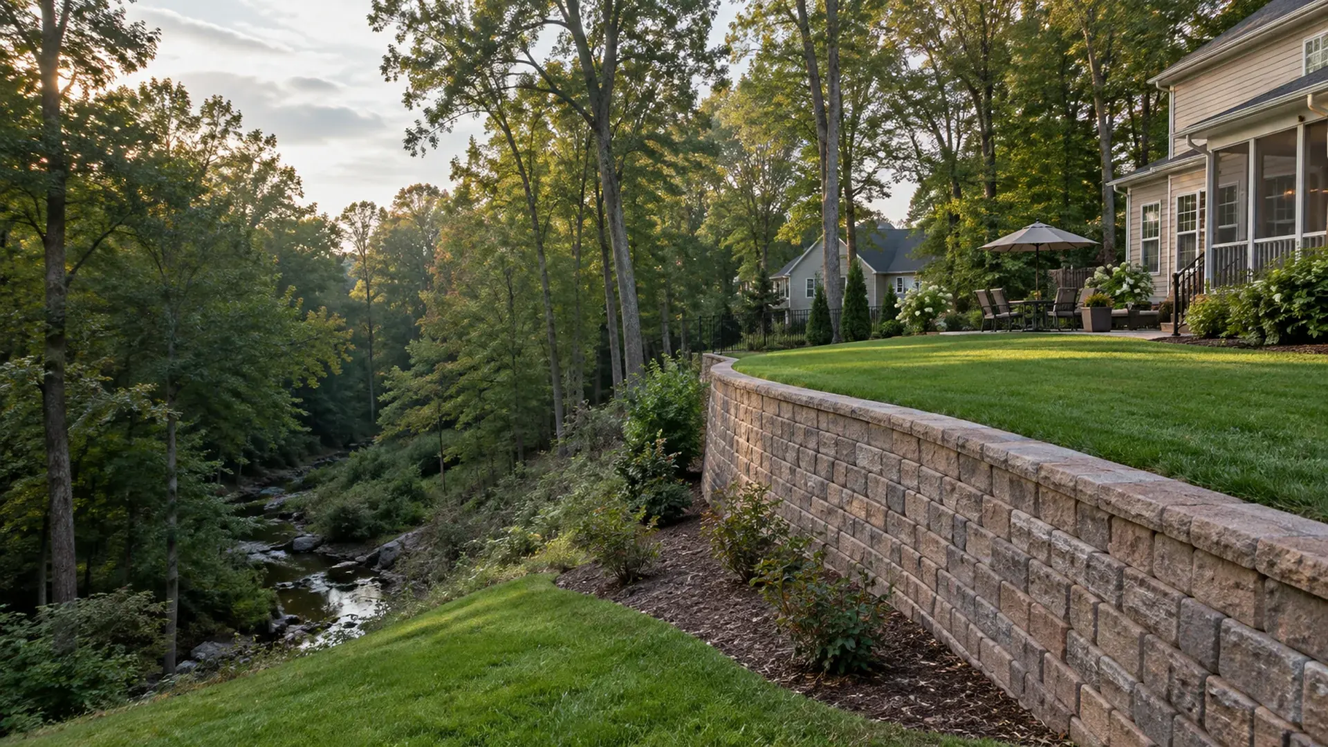 A backyard in Chester, Virginia that drops toward a wooded creek corridor, a segmental block retaining wall holding a level lawn above the ravine. A backyard in Chester, Virginia that drops toward a wooded creek corridor, a segmental block retaining wall holding a level lawn above the ravine.