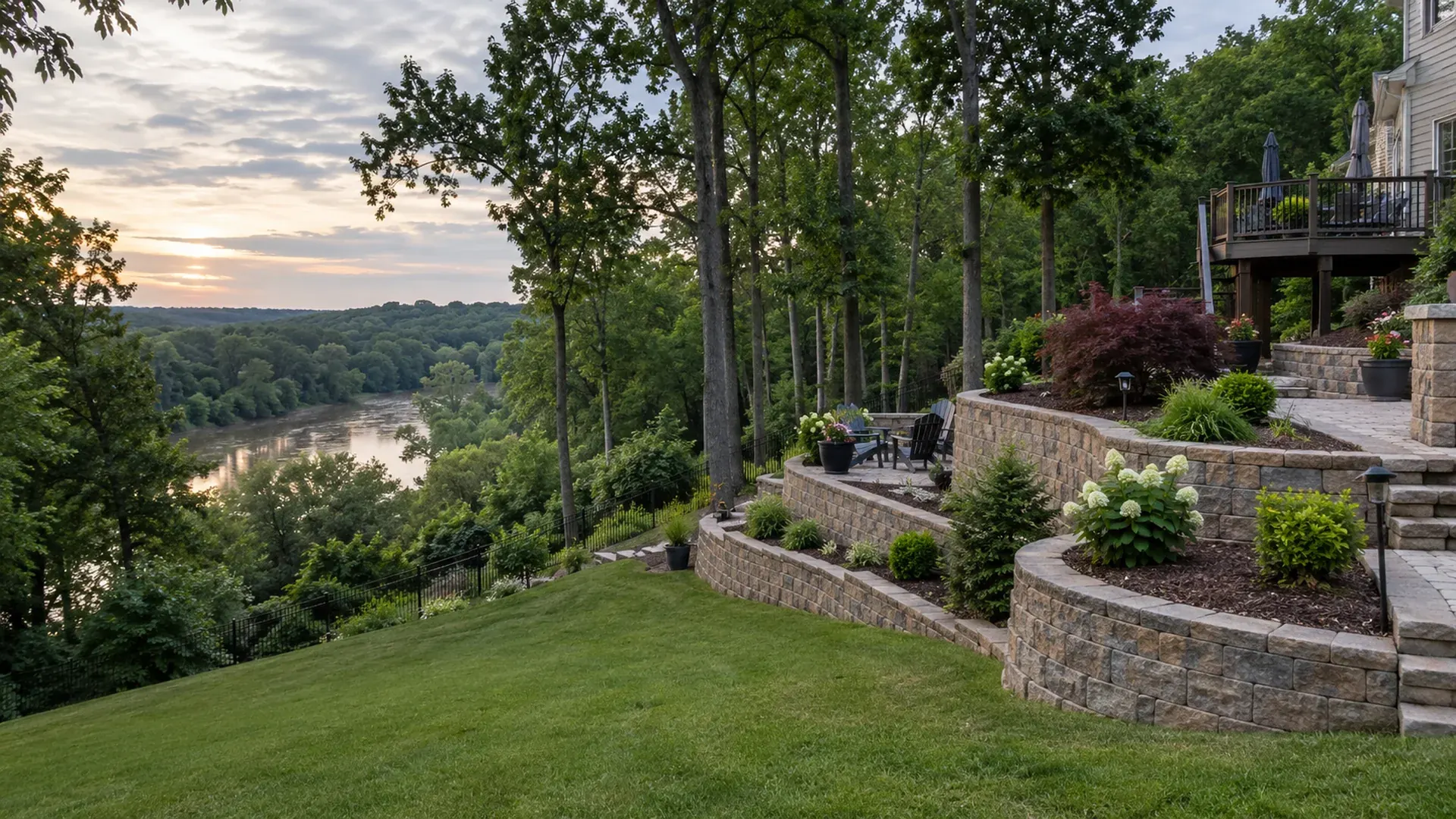 A steep river-facing backyard in Colonial Heights, Virginia with tiered block retaining walls stepping down toward a wooded bluff. A steep river-facing backyard in Colonial Heights, Virginia with tiered block retaining walls stepping down toward a wooded bluff.