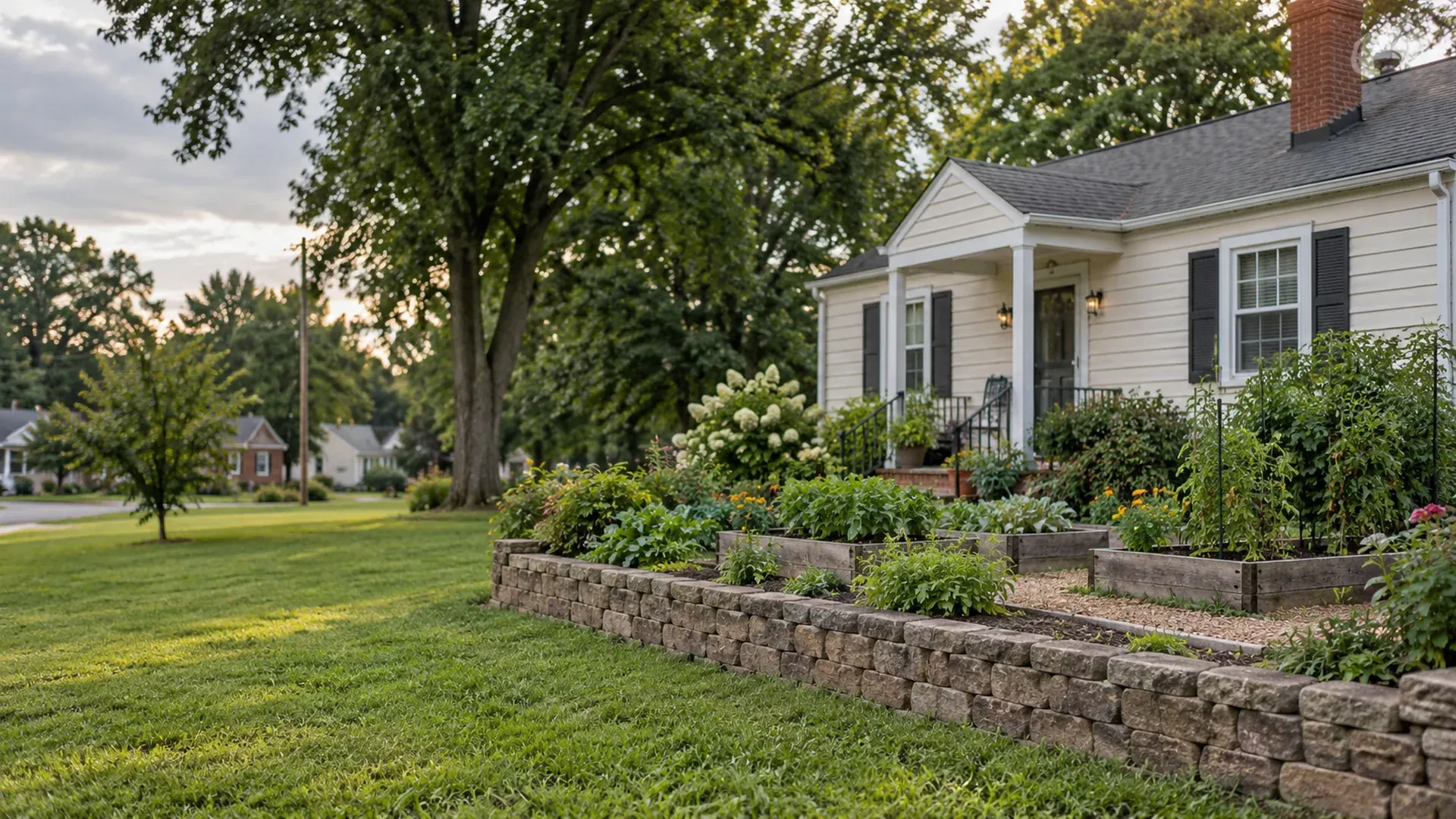 A flat older lot in Highland Springs, Virginia with a low garden retaining wall and neatly edged raised beds beside a small house. A flat older lot in Highland Springs, Virginia with a low garden retaining wall and neatly edged raised beds beside a small house.