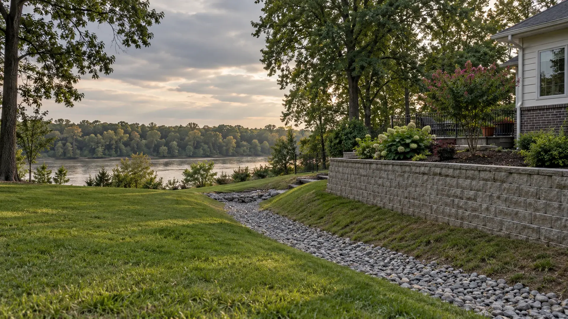 A low-lying yard in Hopewell, Virginia with a block retaining wall and a gravel drainage swale, river trees on the horizon.