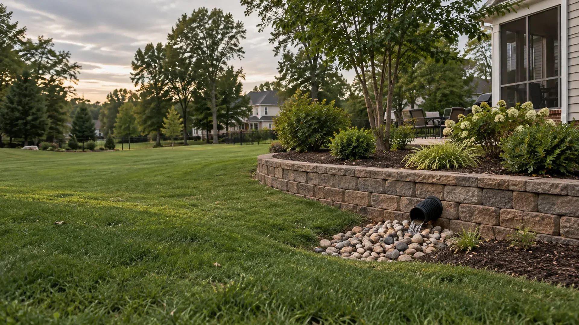 A flat suburban yard in Mechanicsville, Virginia with a low garden retaining wall and a French drain outlet, sandy soil and a wide green lawn.