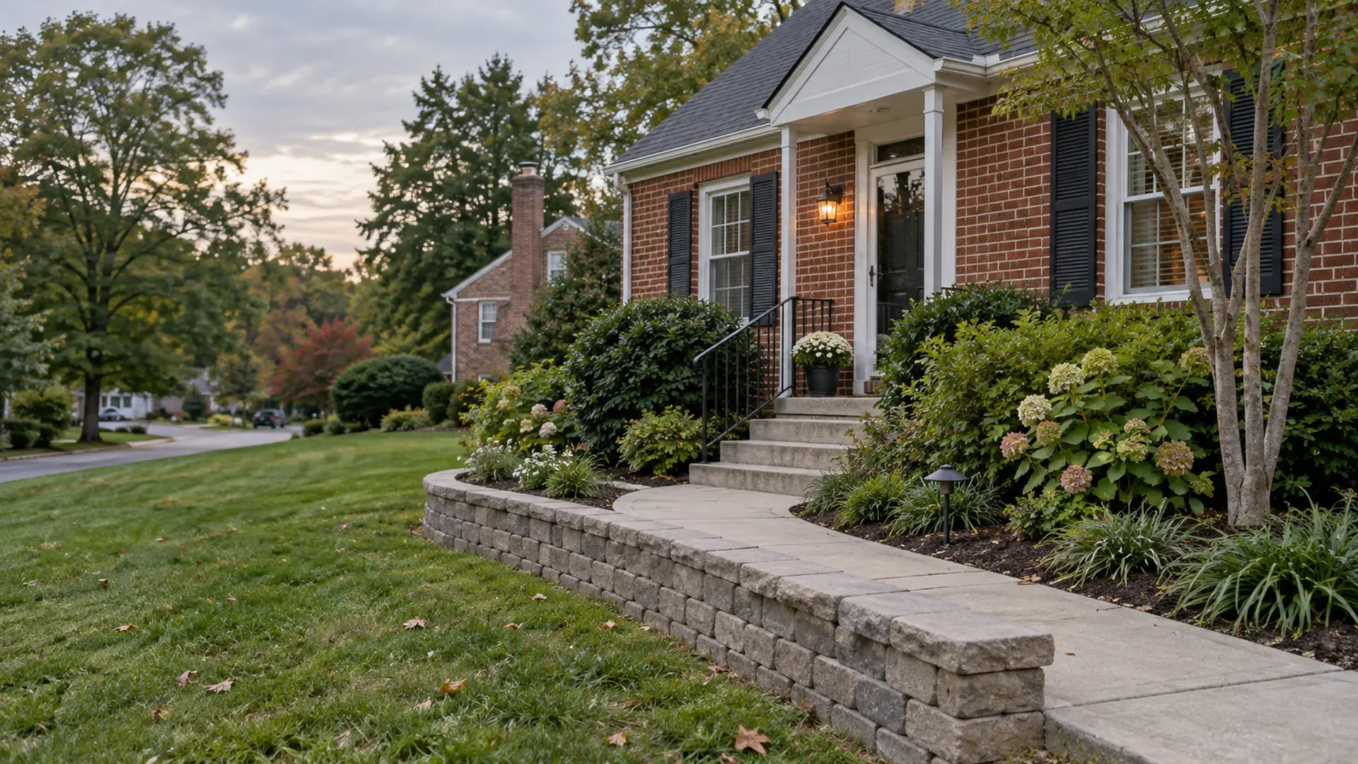 A compact older lot in Montrose, eastern Henrico, Virginia with a short reset block retaining wall along a front walk.