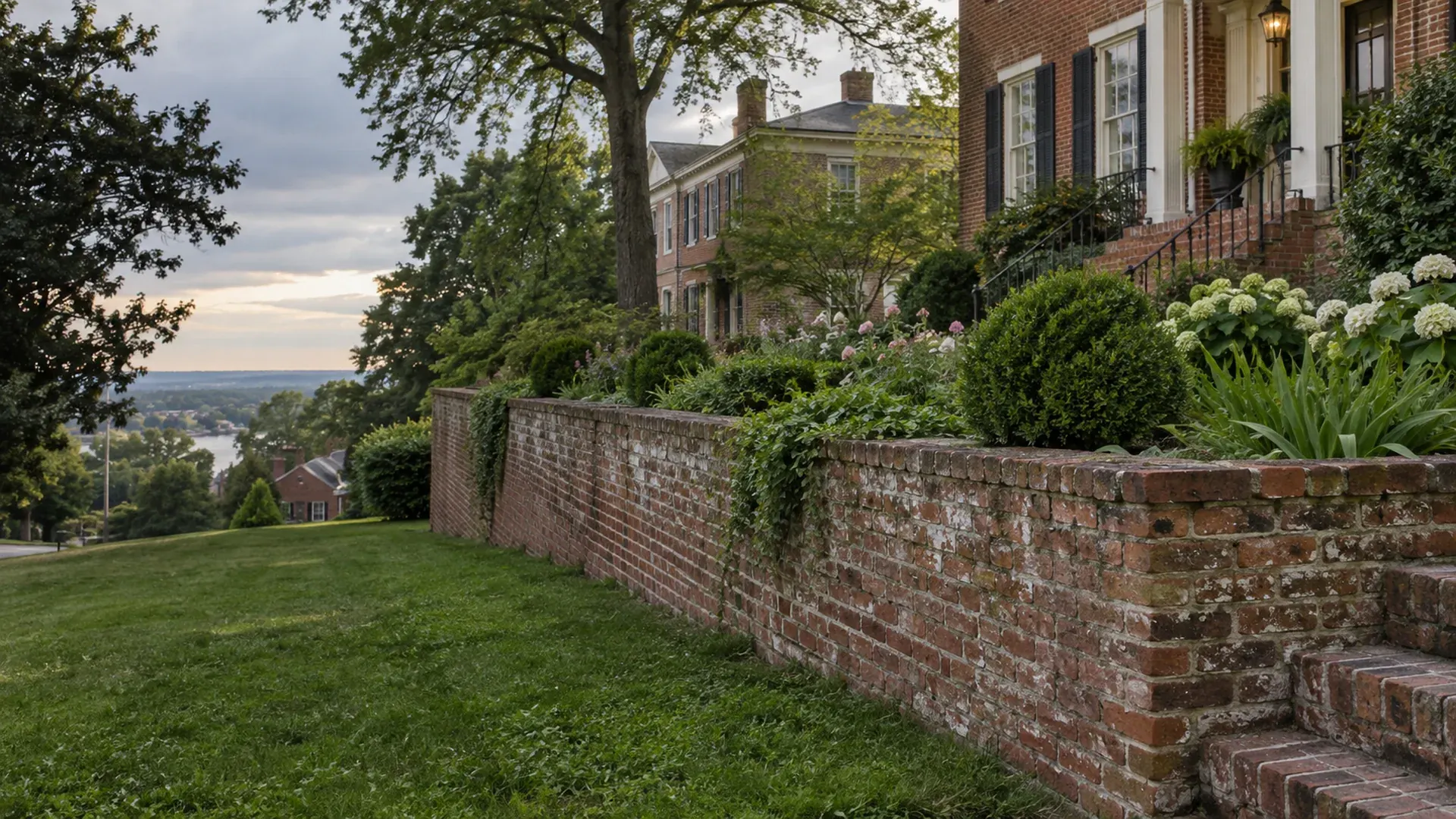An old brick retaining wall with lime mortar joints in a historic Petersburg, Virginia neighborhood, terraced garden and nineteenth-century brick houses.