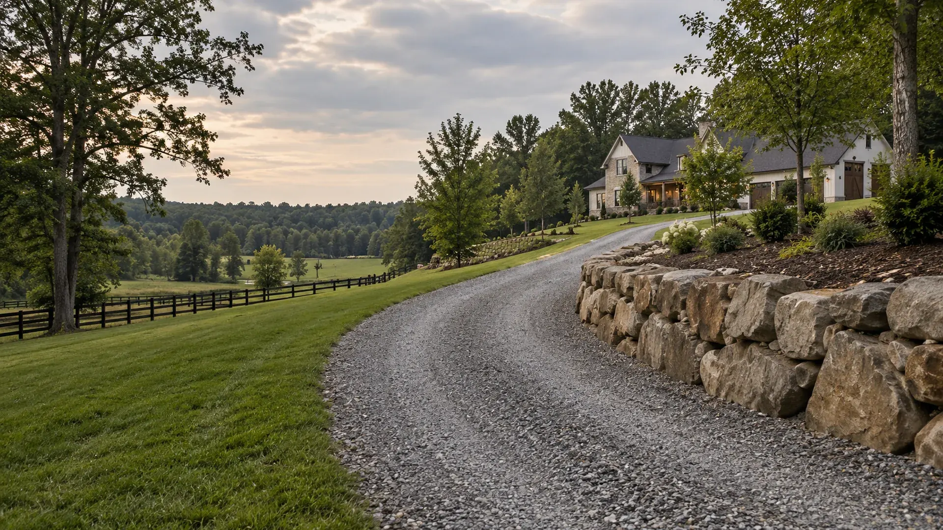 A long gravel driveway on a rural Powhatan County, Virginia property supported by a boulder retaining wall, pasture and woods behind. A long gravel driveway on a rural Powhatan County, Virginia property supported by a boulder retaining wall, pasture and woods behind.