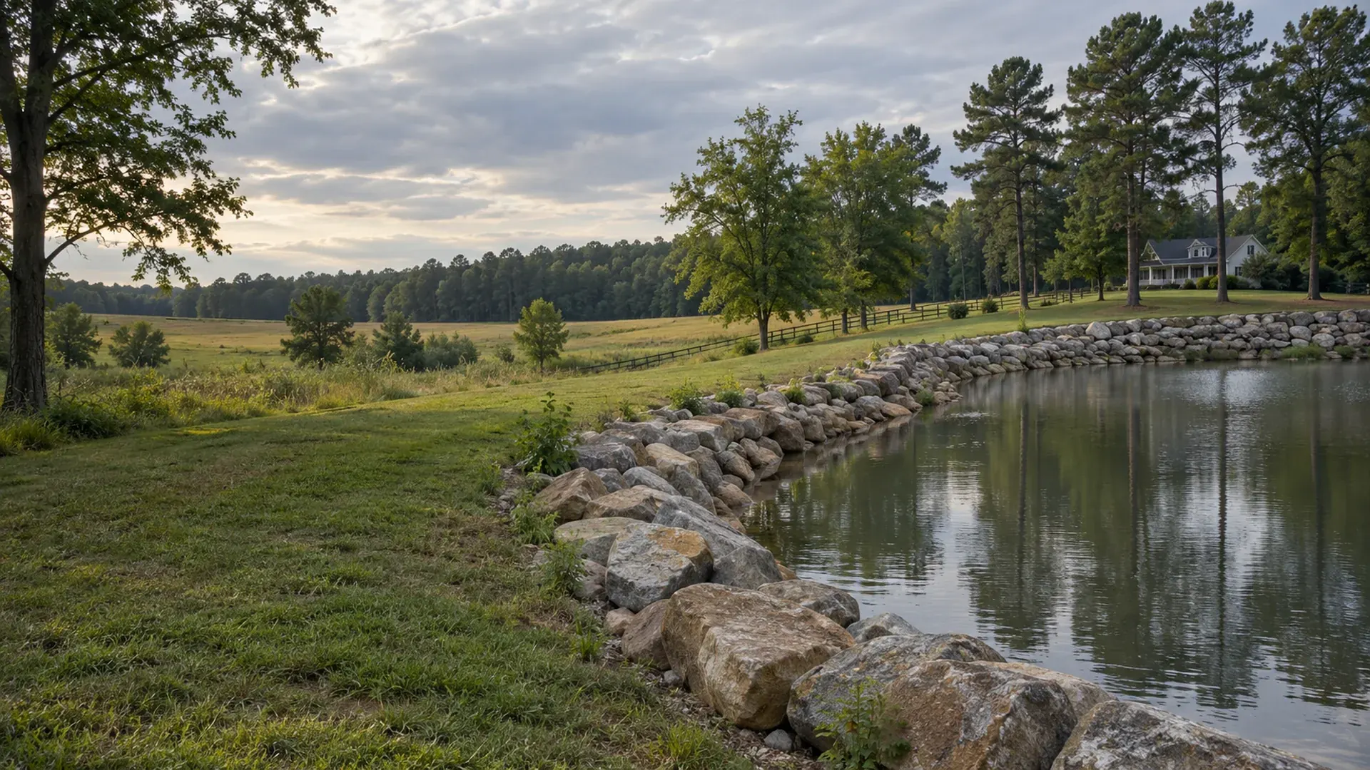 A rural property in Prince George County, Virginia with a boulder retaining wall stabilizing a farm pond bank, open fields and pines.