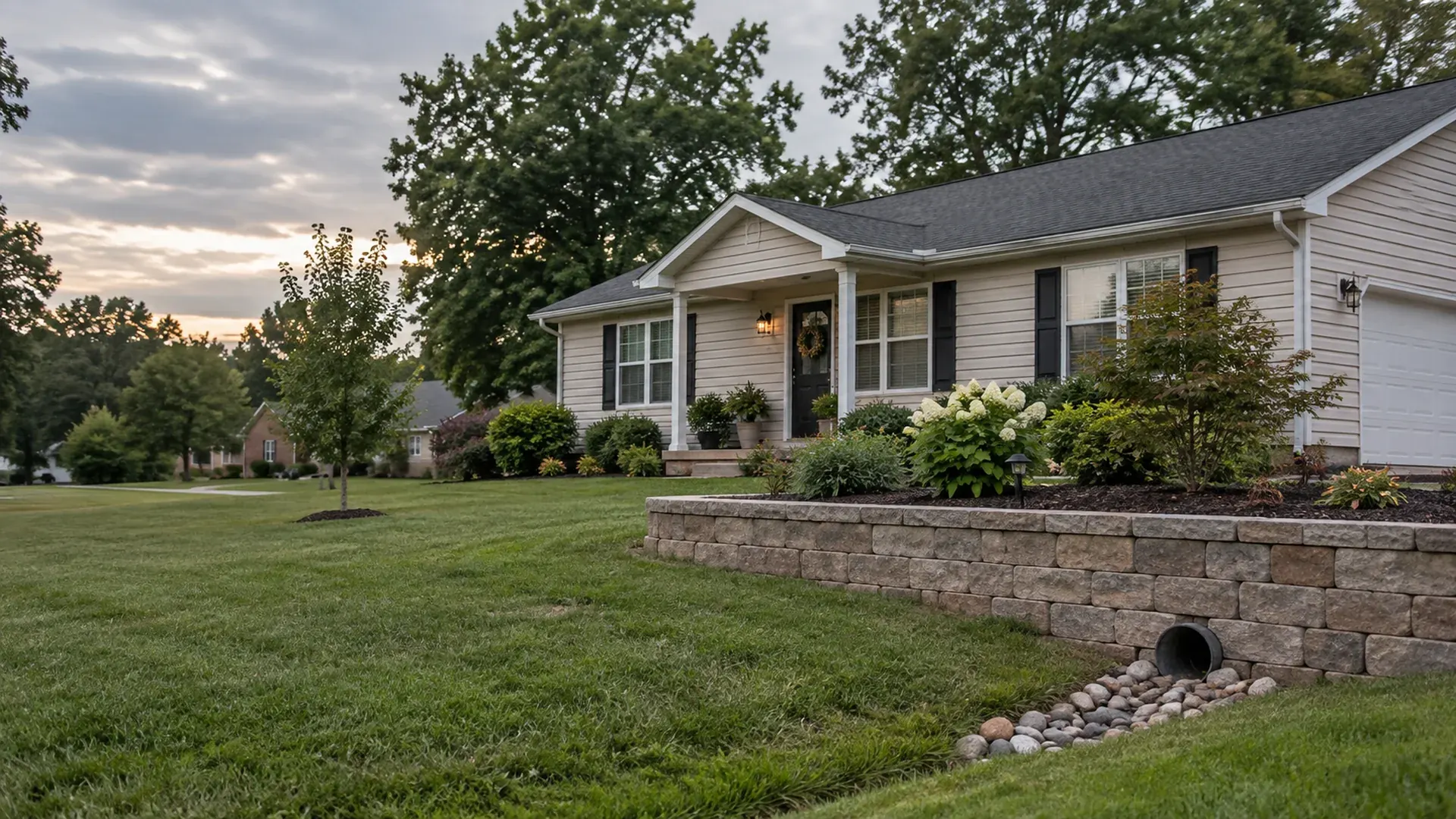A flat modest yard in Sandston, Virginia with a low raised garden bed wall and a small drainage outlet, simple one-story home. A flat modest yard in Sandston, Virginia with a low raised garden bed wall and a small drainage outlet, simple one-story home.