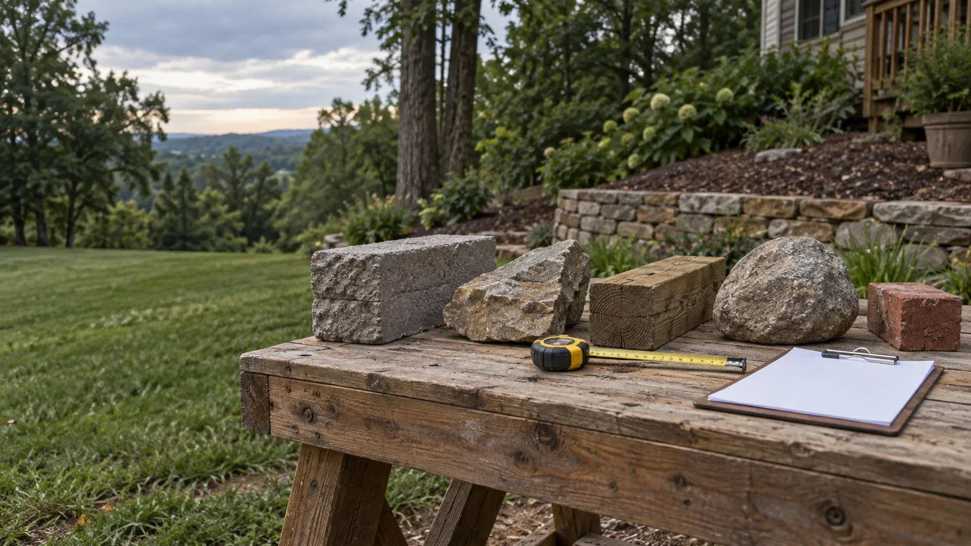 A side-by-side arrangement of retaining wall material samples on a wooden workbench outdoors: a segmental concrete block, a piece of natural fieldstone, a timber offcut, a small boulder and a brick, with a tape measure and a clipboard with blank paper, a sloped yard blurred behind.