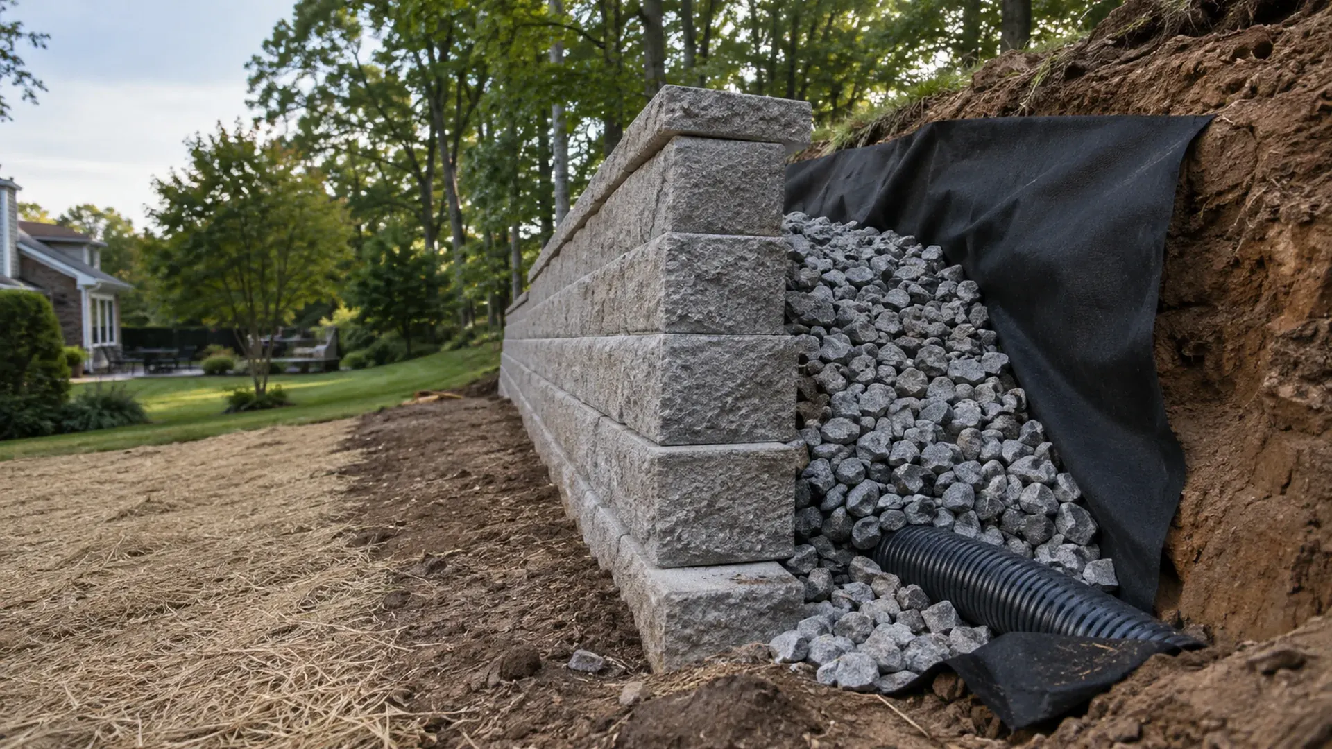 A cutaway view of the ground behind a retaining wall under construction showing clean angular drainage stone, black filter fabric and a perforated drain pipe at the base. A cutaway view of the ground behind a retaining wall under construction showing clean angular drainage stone, black filter fabric and a perforated drain pipe at the base.