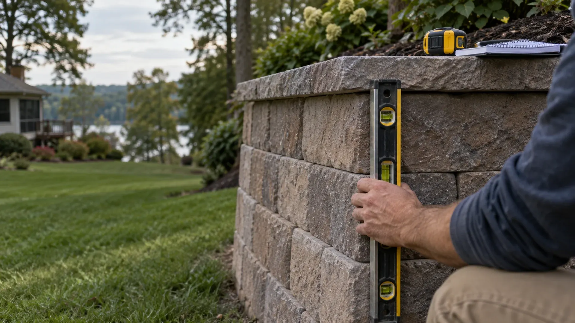 A hand holding a torpedo level against the face of an existing block retaining wall, a tape measure and notebook resting on the cap, soft focus lawn behind.